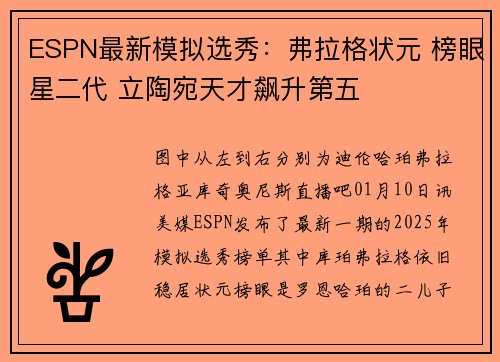 ESPN最新模拟选秀：弗拉格状元 榜眼星二代 立陶宛天才飙升第五