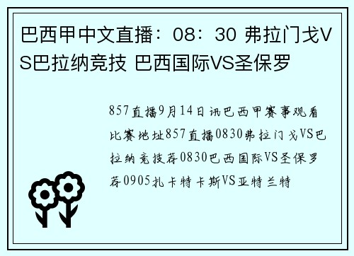 巴西甲中文直播：08：30 弗拉门戈VS巴拉纳竞技 巴西国际VS圣保罗